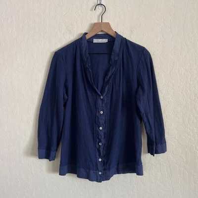 Blusa Top Grande Corte Suelta Algodón Lino Manga 3/4 Cuello en V Abotonada Azul Marino Foto 1 de 4