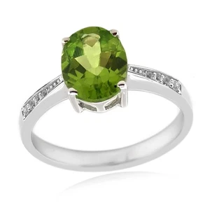 925 Sterling Silver Natural Green Peridot Women Solitaire With Accent Ring - Picture 1 of 4