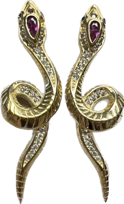 REAL Diamond Ruby Snake Earrings 14K Yellow Gold on SOLID 925 Victorian Revival - Image 1 of 4
