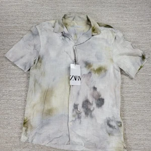 Camisa Zara Tie Dye Para Hombres Pequeña Mezcla de Lino Botón Viscosa Verano Acuarela Nueva - Imagen 1 de 14