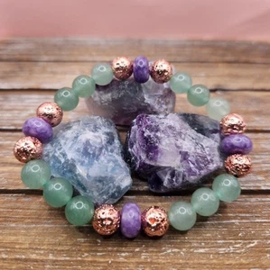 Green Aventurine, Charoite, and Lava Rock Beaded Bracelet - Picture 1 of 6