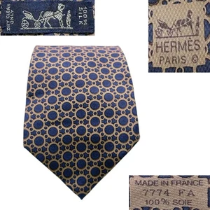 Hermès Paris Tie 7774 FA Blue Beige Circle Geometric Print 100% Silk France - Picture 1 of 6