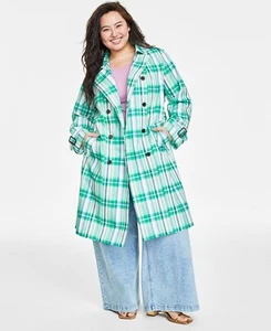 On 34th Trenchcoat Damen Übergröße 1X zweireihig grün kariert adrett 149 $ - Bild 1 von 10