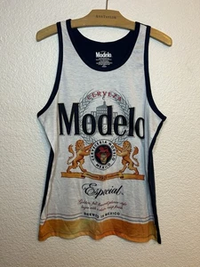 Canottiera Modelo Cerveza Beer Mexico grande stampa grafica bianca blu uomo M - Foto 1 di 6