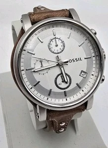 Fossil Chronograph Watch Women 38mm Silver Tone Date Brown Leather - Picture 1 of 10