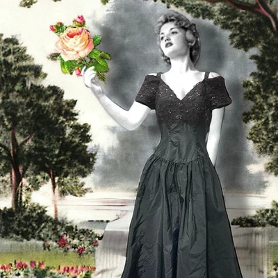 Cold Shoulder Taffeta and Lace Gown Gunne Sax Style 90’s Does 40’s Size Small  - Image 1 of 4