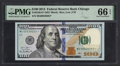 United States-FedReserve 100 Dollars 2013 Fr#2188-G* (MG* Block)UNC Grade 66 - Image 1 of 2
