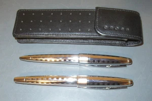 Cross Etched Deco Chrome Rollerball Pen & Pencil Set w Leather Case - Picture 1 of 2