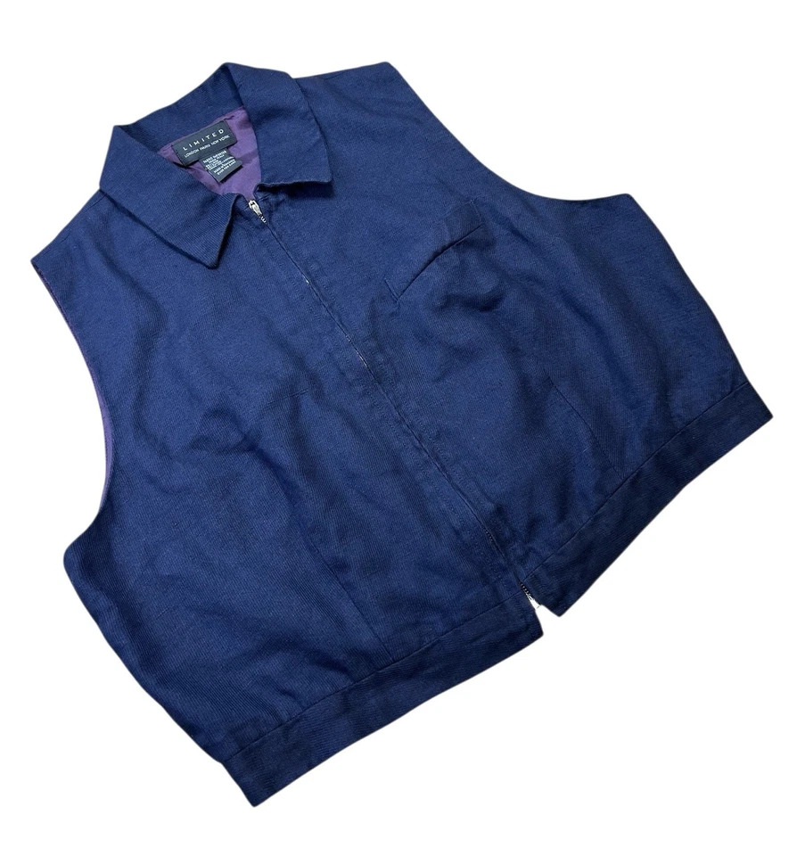 1990s The Limited Zip Front Crop Top Navy Blue Preppy Academia 41 Inch Bust - Image 1 of 4