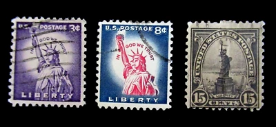US Postage Stamp Scott 566 and 1035 and 1042 Liberty 15 Cent 3 Cent 8 Cent - Image 1 of 2