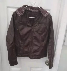 JOU JOU Brown Faux Leather Long Sleeve Jacket Size XL With Detachable Hoodie - Picture 1 of 17