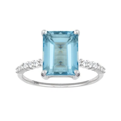 10K Weißgold Smaragdschliff Blauer Topas Und Weißer Topas Ring - Bild 1 von 4