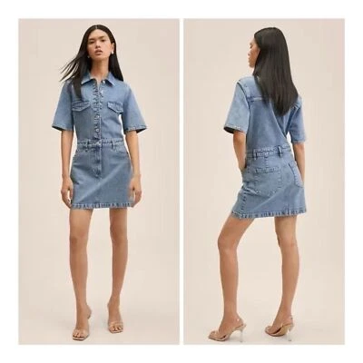 NUEVO MNG Mini Camisa Denim Manga Corta Algodón 5 Bolsillos Cuello Vestido Utilitario 18 Foto 1 de 4