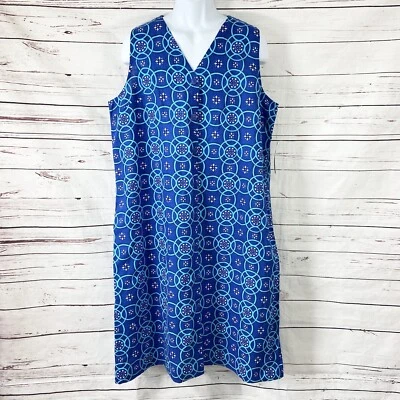 Vestido para mujer Liz Claiborne XXL azul bolsillos geométricos sin mangas mezcla de lino Foto 1 de 4