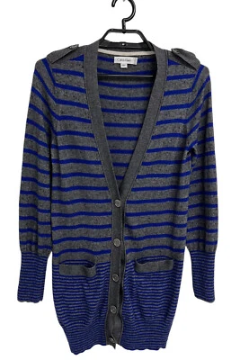 Calvin Klein Women's Long Sleeve Blue And Gray Striped V-Neck Cardigan Size S - Image 1 of 4