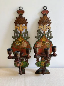 Antique European Primitive Candle Sconces Hand Painted Wood Folk Art - Picture 1 of 17