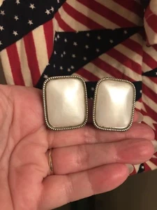 Vintage Off White Opaque Stone Earrings- Lg. Rectangular, Silver Tone, Clip On - Picture 1 of 12