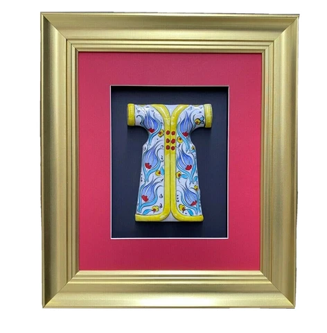 Ottoman Yellow Kaftan Tulip Handmade Ceramic Wall Hanging Tile Gold Frame 14x16 Cover