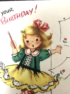 Vintage Birthday Card Made USA Girl Bicycle Scrapbook Ephemeral Retro - Picture 1 of 5