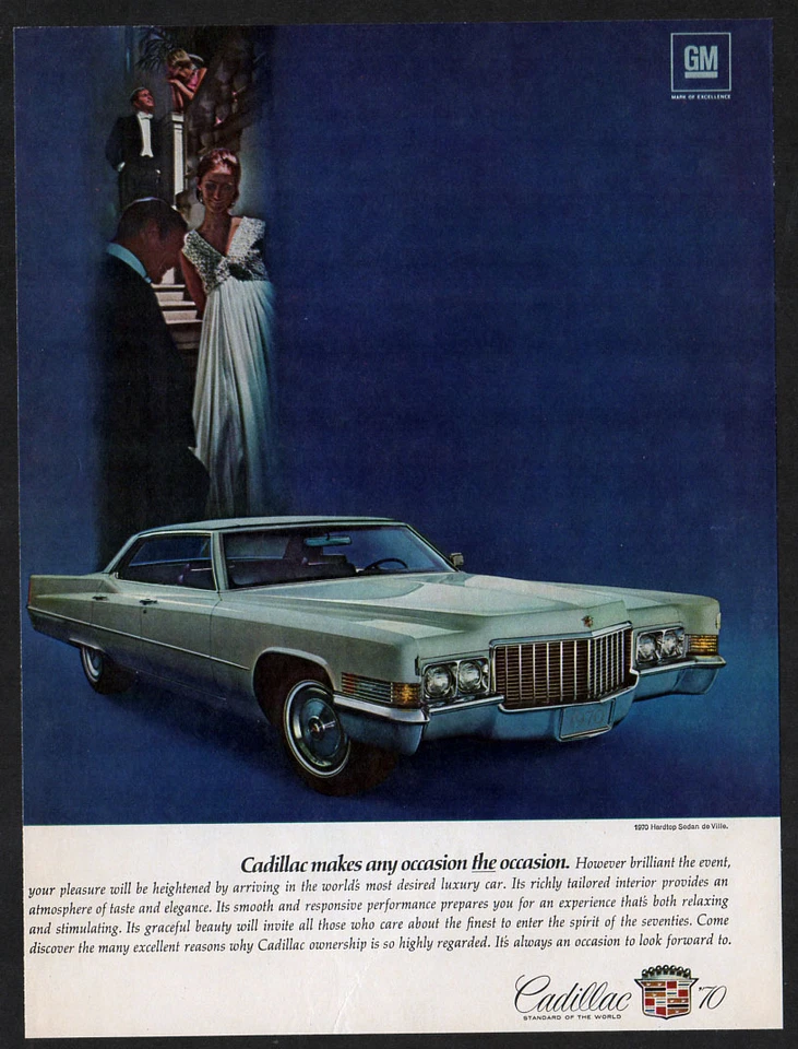 Cadillac 1970 techo rígido sedán De Ville vintage impresión original AD foto de coche plateado Foto 1 de 1