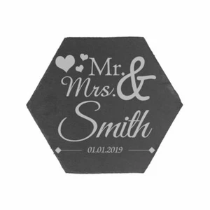 Personalised Engraved Polygon Slate Wedding Coaster Mr&Mrs with Hearts - Picture 1 of 5