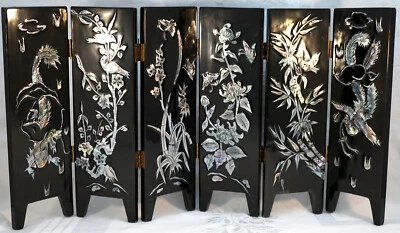 Table Screen Lacquerware Inlaid with MOP Dragon Phoenix Birds Flowers Fish - Image 1 of 4