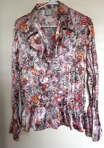 Blusa Top Mujer Notations Talla L Abotonada Manga Larga Campana Cuello en V Volantes Pliegues - Imagen 1 de 3