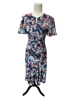 Vestido Prabal Gurung 'Victoria' Azul Marino Estampado Manga Acampanada Seda Midi Talla 0 Foto 1 de 4