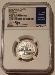NGC 2018 S Silver Voyageurs NP Quarter Reverse Proof PF70 FDI Mercanti Signed B - Picture 1 of 2