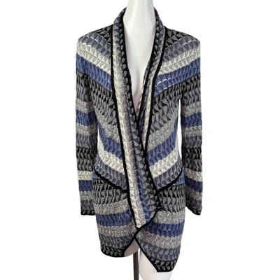 Cardigã feminino Nic+Zoe azul cinza preto geométrico mistura de linho frente aberta longo M - Imagem 1 de 4