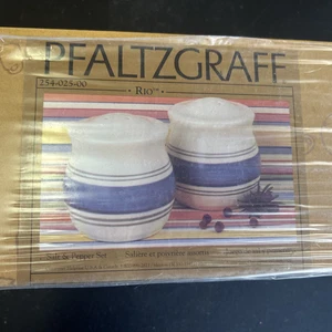 New Pfaltzgraff Rio Salt & Pepper Shaker Set Blue Gray Striped Stoneware 3” - Picture 1 of 3