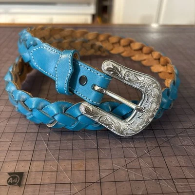 Vintage Justin Boots Western Leather Braided Blue Belt & Buckle - Image 1 of 4