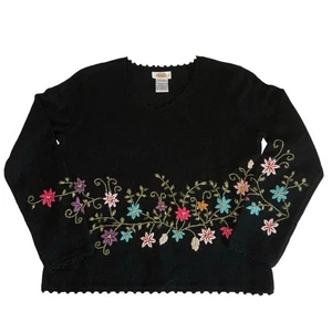 Vintage Talbots bestickter V-Ausschnitt Pullover Sweater Damen L | schwarz | Blumenmuster | gebraucht, in einwandfreiem Zustand - Bild 1 von 10