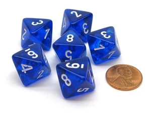 Translucent 15mm 8 Sided D8 Chessex Dice, 6 Pieces - Blue with White - Picture 1 of 1