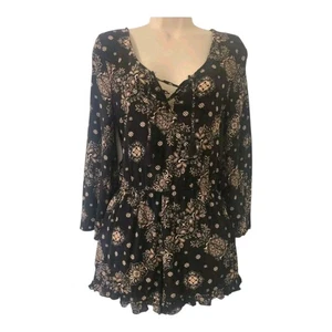 Boho Floral Romper Forever 21 Long Sleeve Short M Black/Cream Casual Chic - Picture 1 of 8
