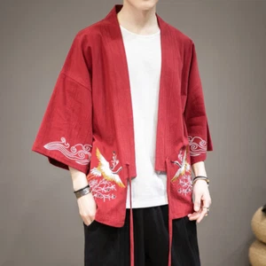 Men Cotton Linen Kimono Tops Embroidered 3/4 Sleeve Casual Retro Shirt Blouse - Picture 1 of 16