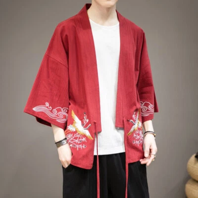 Men Cotton Linen Kimono Tops Embroidered 3/4 Sleeve Casual Retro Shirt Blouse - Image 1 of 4