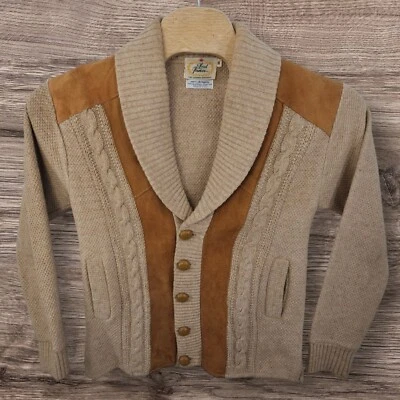 Vintage 60’s Lord James Shawl Cardigan Sweater Knit Tan Acrylic Leather Suede - Image 1 of 4