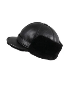 Cappello con visiera invernale in pelliccia di pecora shearling Elmer Fudd - nero tinta unita - Foto 1 di 4