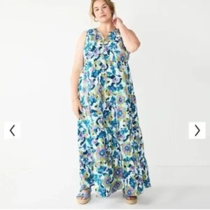 NEW Sonoma sleeveless maxi dress Womens 3X Tiered Pixel Floral ruffle pocket - Picture 1 of 8