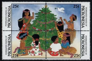 MICRONESIA, SCOTT # 67-70A, BLOCK OF CHILDREN DECORATING A CHRISTMAS TREE, MNH - Picture 1 of 1