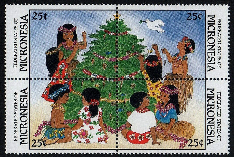 MICRONESIA, SCOTT # 67-70A, MNH BLOCK - CHILDREN DECORATING A CHRISTMAS TREE - Image 1 of 1