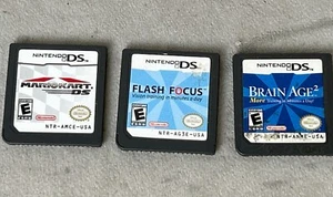 Nintendo DS 3 Game Only Lot Mario Kart Brain Age 2 Flash Focus Case Video Games - Picture 1 of 10