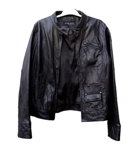 Black Rivet Soft Lamb 100% Genuine Leather Zip up Cafe Moto Jacket Pockets L - Picture 1 of 13
