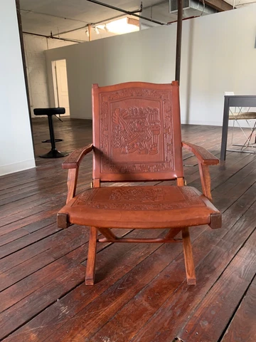 VINTAGE 60's PERU AZTEC MOTIF EMBOSSED LEATHER & WOOD CHAIR Cover