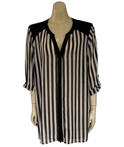 Autograph Chiffon Blouse Plus Sz 18 Button Up Long Roll Tab Sleeve Black White - Picture 1 of 13