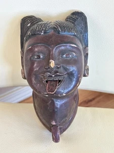 ANTIKER BURMESISCHER PUPPENKOPF GLASAUGEN ANIMIERT ZUGKNOPF ZUNGE HOLZ SELTEN 8,5 ZOLL - Bild 1 von 6