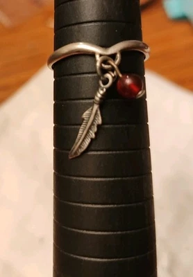Sterling Feather Red Stone Ring Signed Size 7.25 - Image 1 of 4