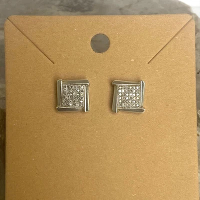 Sterling Silver 925 JTW Multistone Pave Round Diamond Square Stud Post Earrings - Image 1 of 4