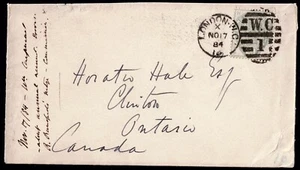 1884 5d Dull Green SG 193 AH London nach Ontario Kanada über Clinton Kat. 350,00 £ - Bild 1 von 2